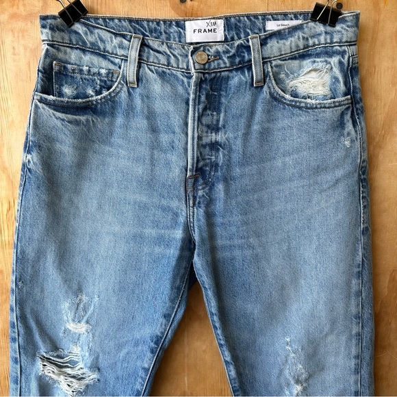 Frame Le Slouch Boyfriend Jean In BlueJay Rips Rigid Distressed Denim - Picture 6 of 16